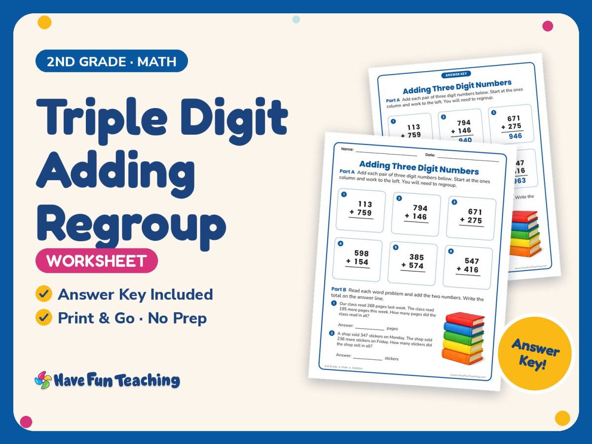 Triple Digit Adding Regroup Worksheet – 2nd Grade Addition Practice preview