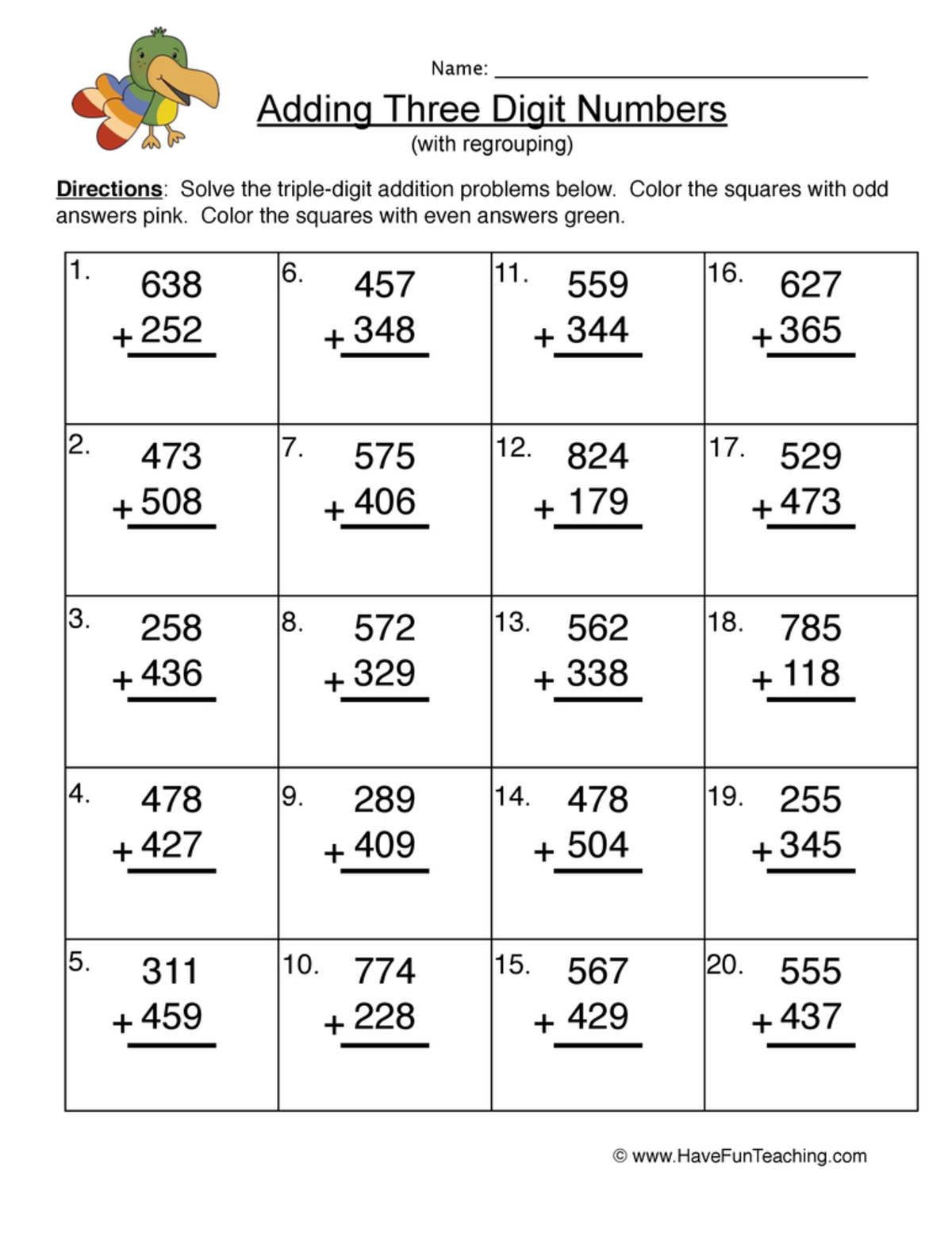An educational teaching resource from Have Fun Teaching entitled Triple Digit Addition Regroup Worksheet downloadable at Teach Simple.