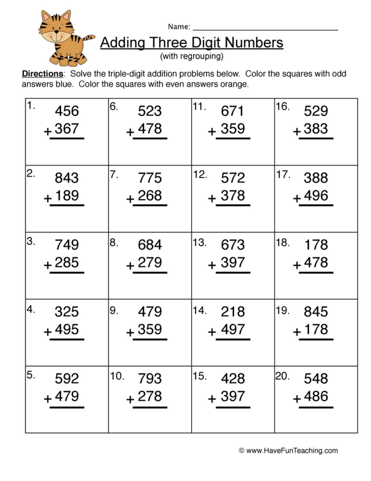 An educational teaching resource from Have Fun Teaching entitled Triple-Digit Addition with Regrouping – Worksheet downloadable at Teach Simple.