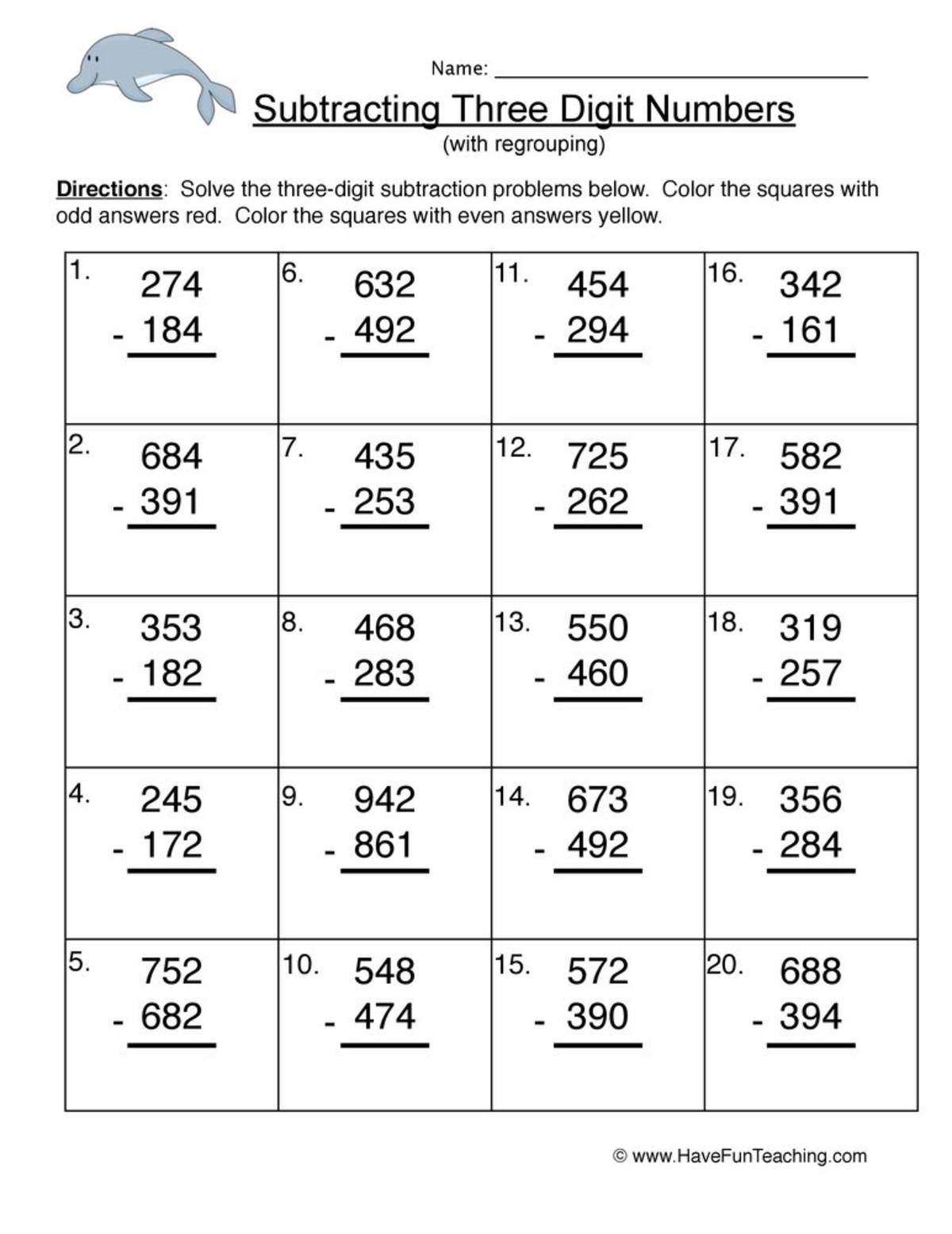 An educational teaching resource from Have Fun Teaching entitled Triple Digit Number Subtraction Regroup Worksheet downloadable at Teach Simple.