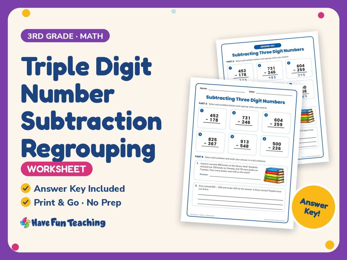 Triple Digit Number Subtraction Regrouping Worksheet – 3rd Grade Math preview