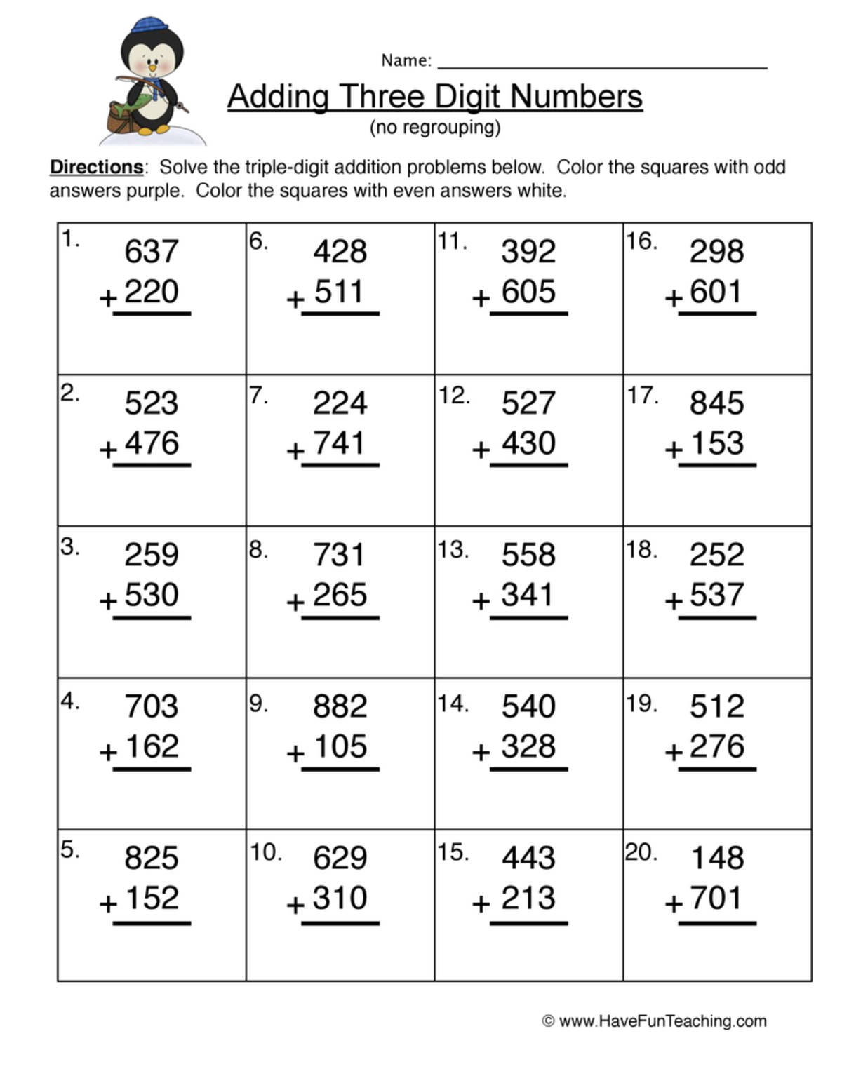 An educational teaching resource from Have Fun Teaching entitled Triple Digit Numbers Addition No Regroup Worksheet downloadable at Teach Simple.