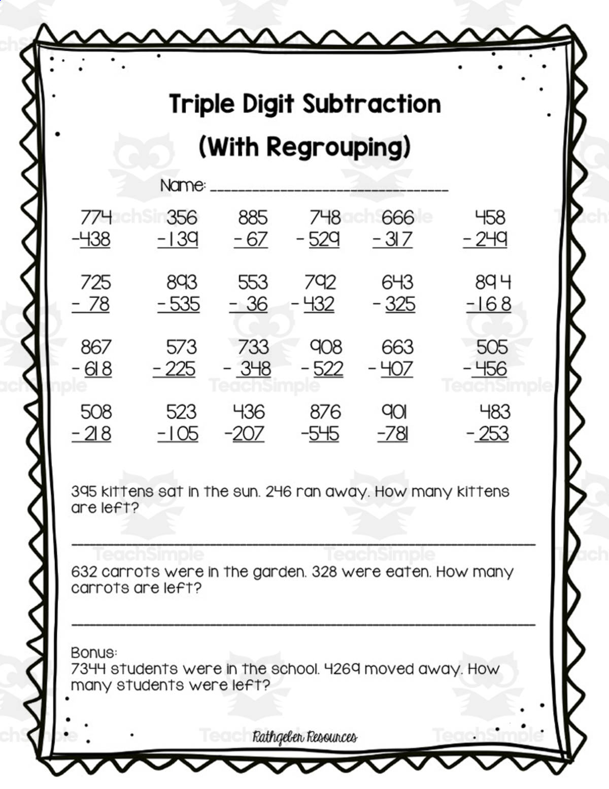 An educational teaching resource from Rathgeber Resources entitled Triple Digit Subtraction with Regrouping Worksheet downloadable at Teach Simple.