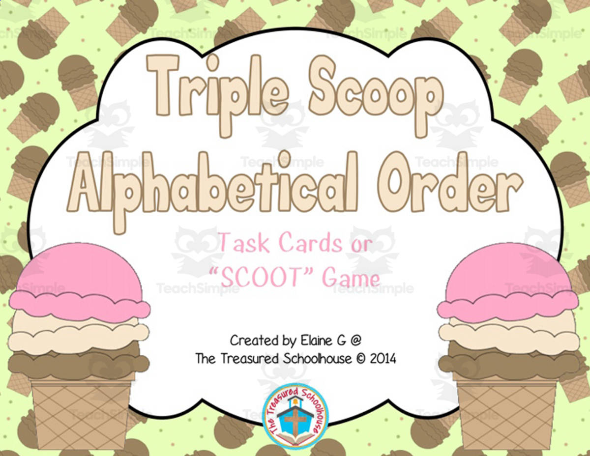 An educational teaching resource from The Treasured Schoolhouse entitled Triple Scoop Alphabetical Order Task Cards downloadable at Teach Simple.