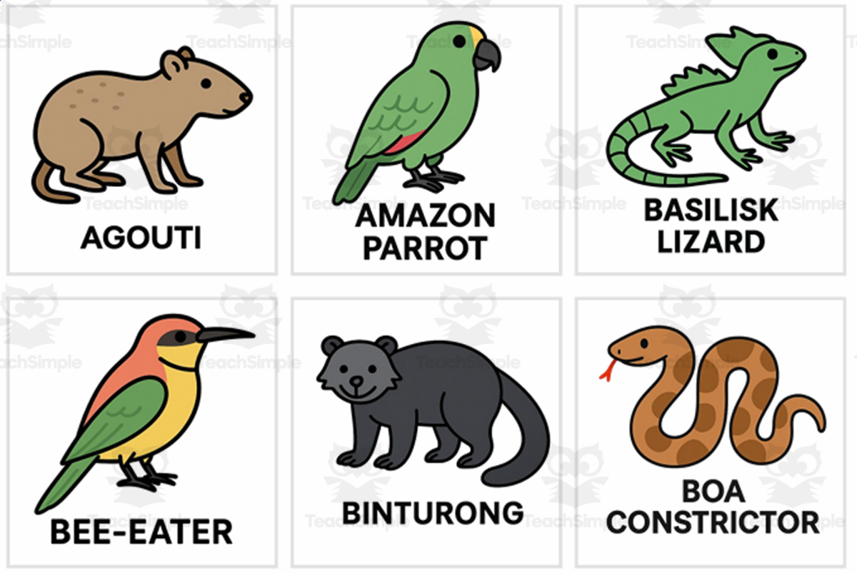 An educational teaching resource from WORDS ASIDE entitled Tropical Animals Flashcards downloadable at Teach Simple.
