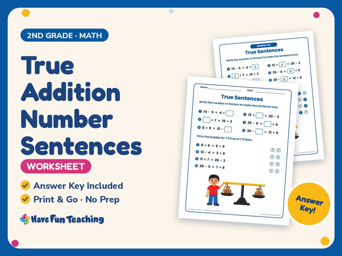 True Addition Number Sentences Worksheet – 2nd Grade Subtraction preview