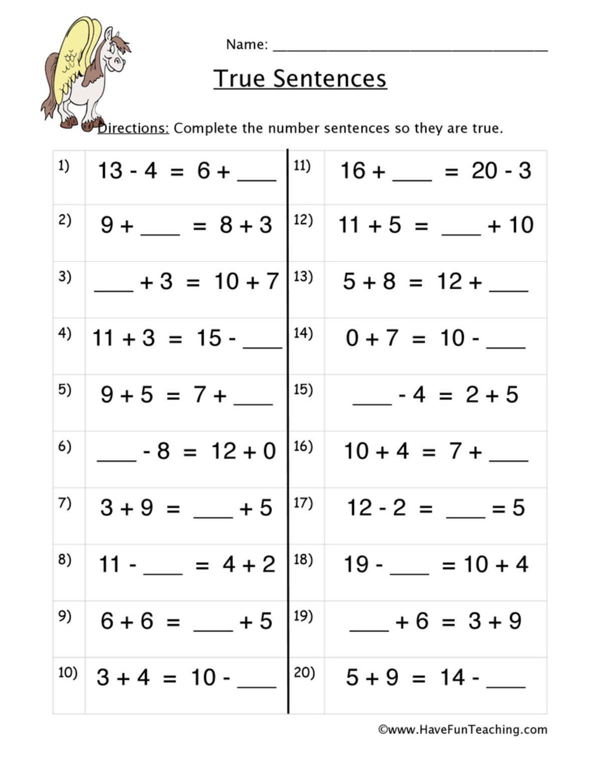 An educational teaching resource from Have Fun Teaching entitled True Addition Number Sentences Worksheet downloadable at Teach Simple.