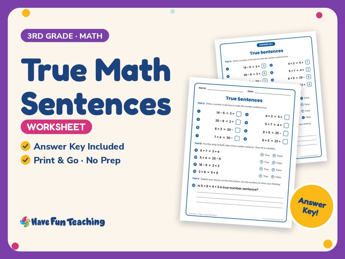 True Math Sentences Worksheet – 3rd Grade Addition & Basic Operations preview