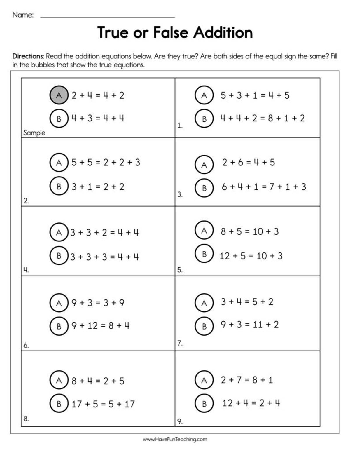 An educational teaching resource from Have Fun Teaching entitled True or False Addition Worksheet downloadable at Teach Simple.