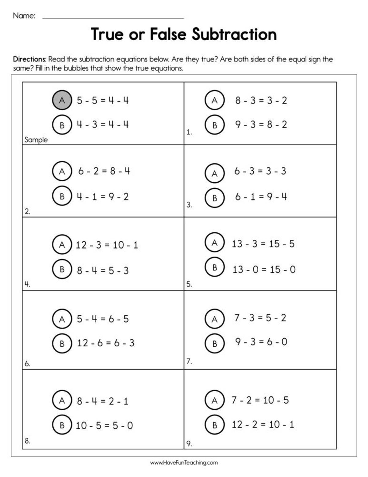 An educational teaching resource from Have Fun Teaching entitled True or False Subtraction Worksheet downloadable at Teach Simple.
