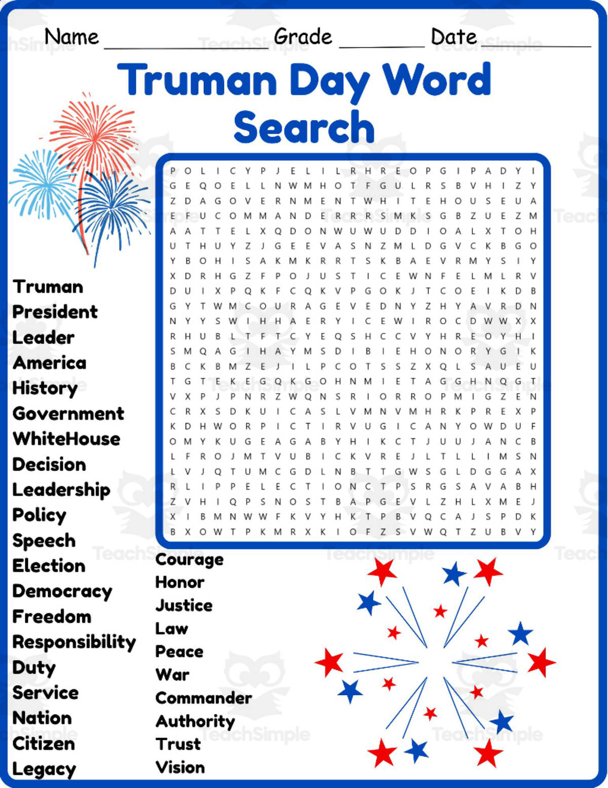 An educational teaching resource from Classsimple entitled Truman Day Word Search 2nd 3rd 4th 5th Grade Worksheet Activity downloadable at Teach Simple.