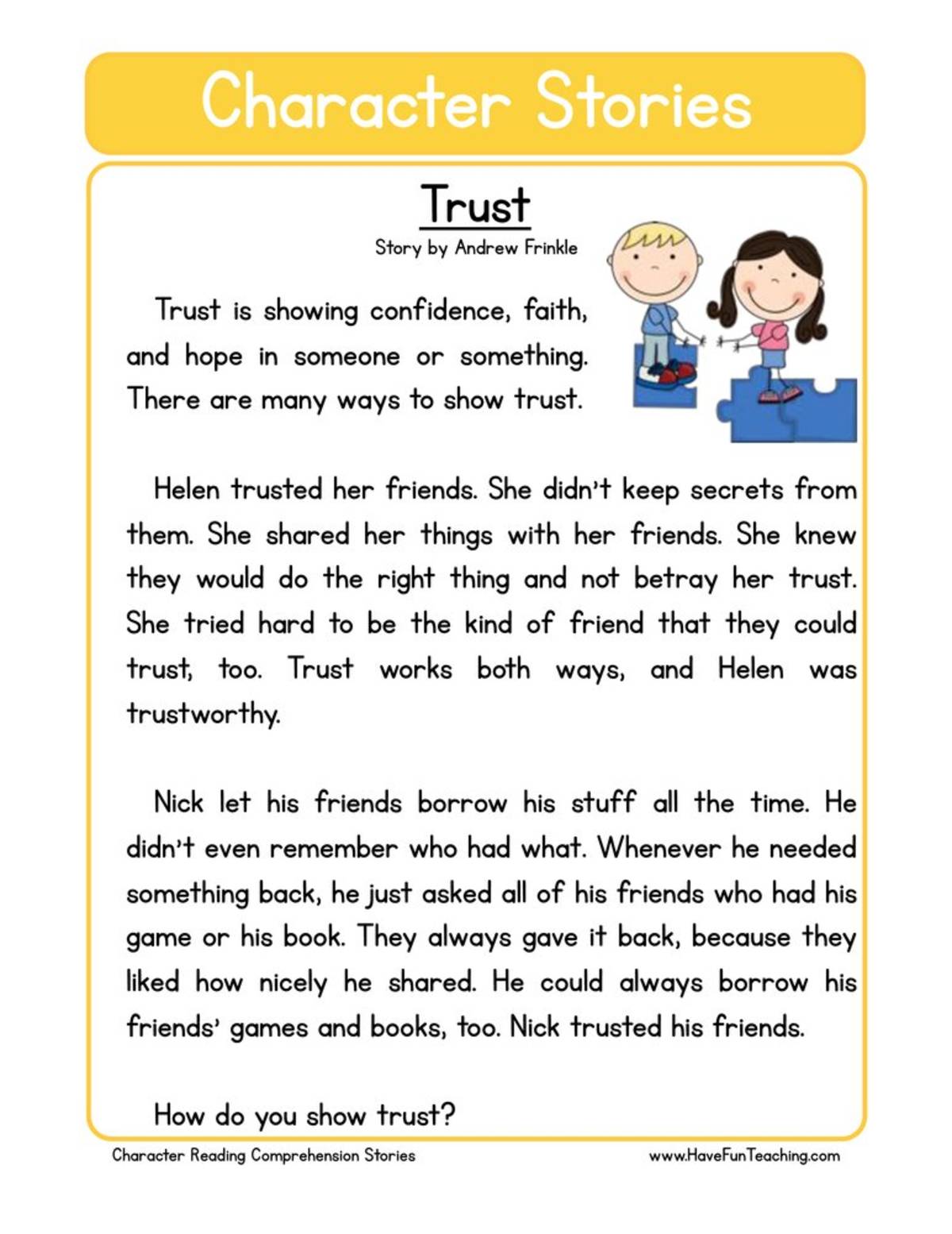 An educational teaching resource from Have Fun Teaching entitled Trust Character Reading Comprehension Worksheet downloadable at Teach Simple.