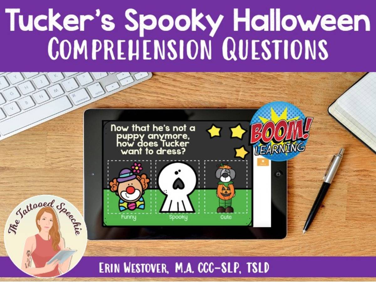 An educational teaching resource from The Tattooed Speechie entitled Tucker's Spooky Halloween WH- Questions - BOOM Cards downloadable at Teach Simple.
