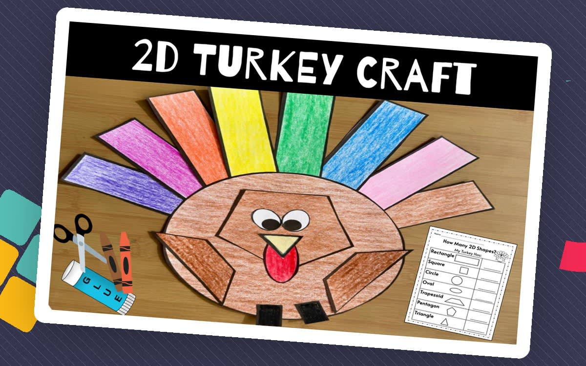 An educational teaching resource from CraftEdPrints entitled Turkey Craft 2D Shapes downloadable at Teach Simple.