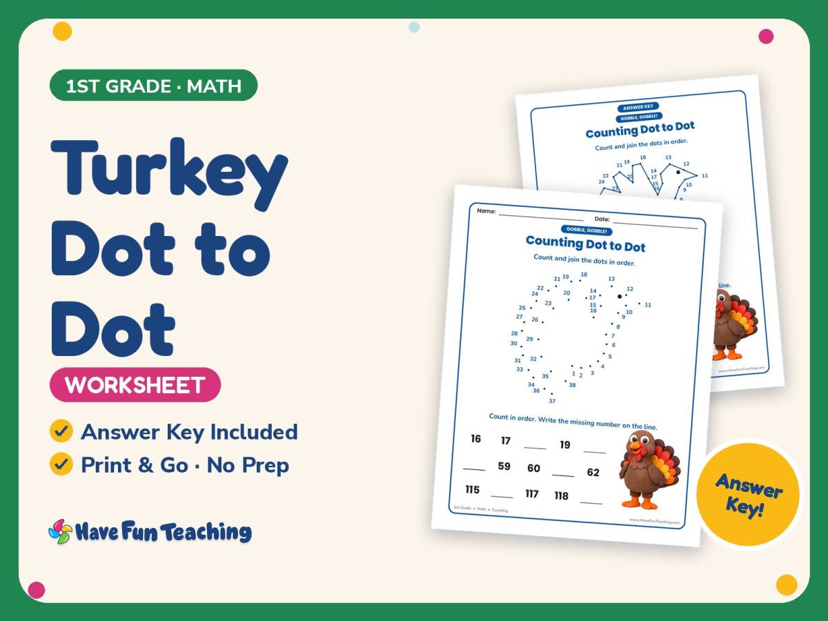 Turkey Dot to Dot Worksheet – 1st Grade Counting & Thanksgiving preview