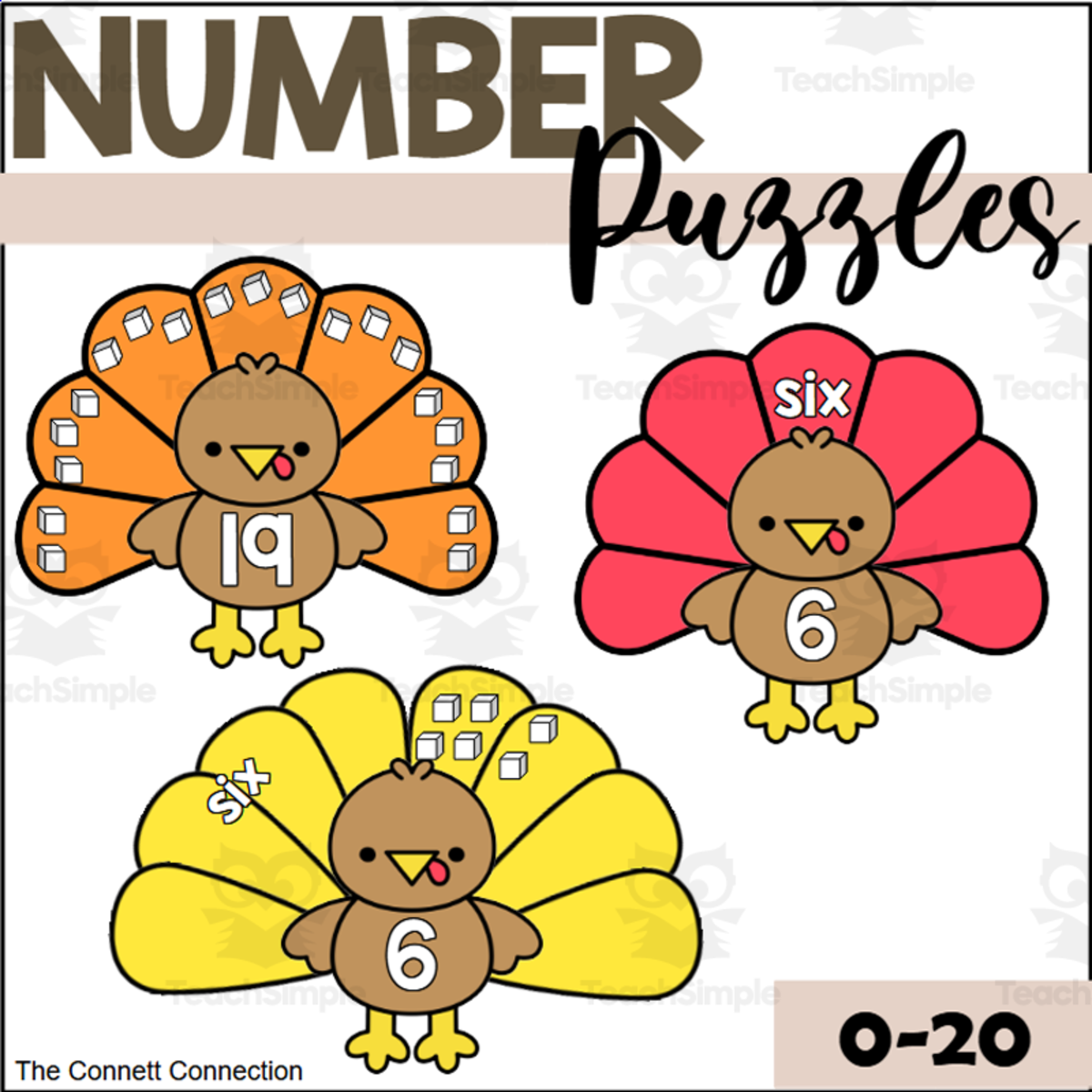 An educational teaching resource from The Connett Connection entitled Turkey Number Puzzles 1-20 downloadable at Teach Simple.