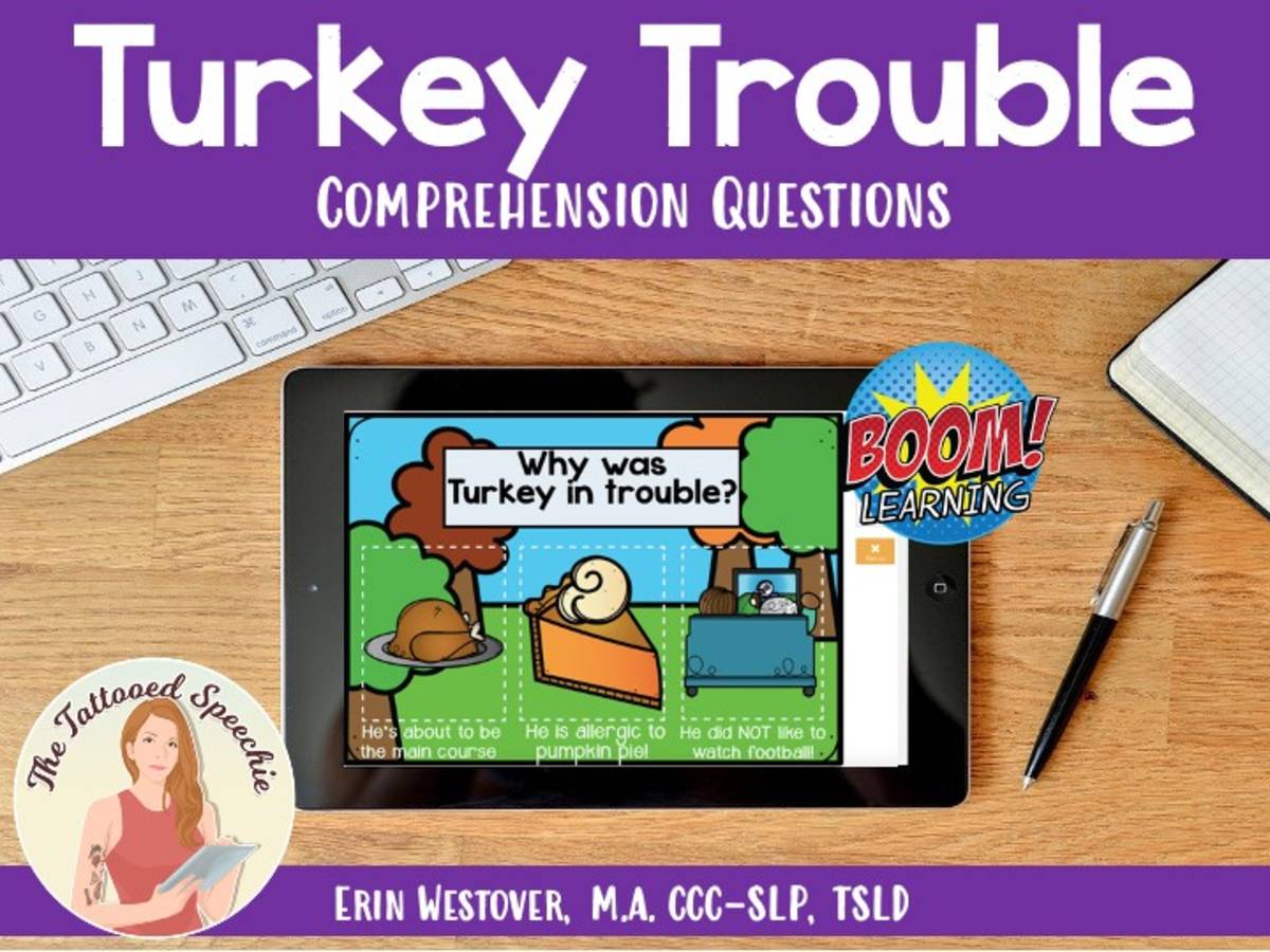 An educational teaching resource from The Tattooed Speechie entitled Turkey Trouble Comprehension Questions - BOOM Cards downloadable at Teach Simple.