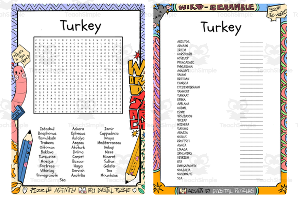 An educational teaching resource from Lapiiin Art Activities entitled Turkey word search & scramble downloadable at Teach Simple.