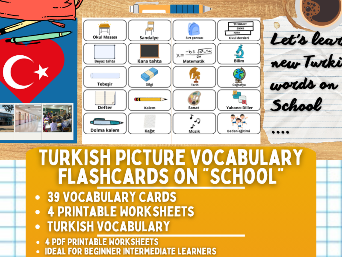 An educational teaching resource from Learning with Alan entitled Turkish Picture Vocabulary Flashcards - School downloadable at Teach Simple.