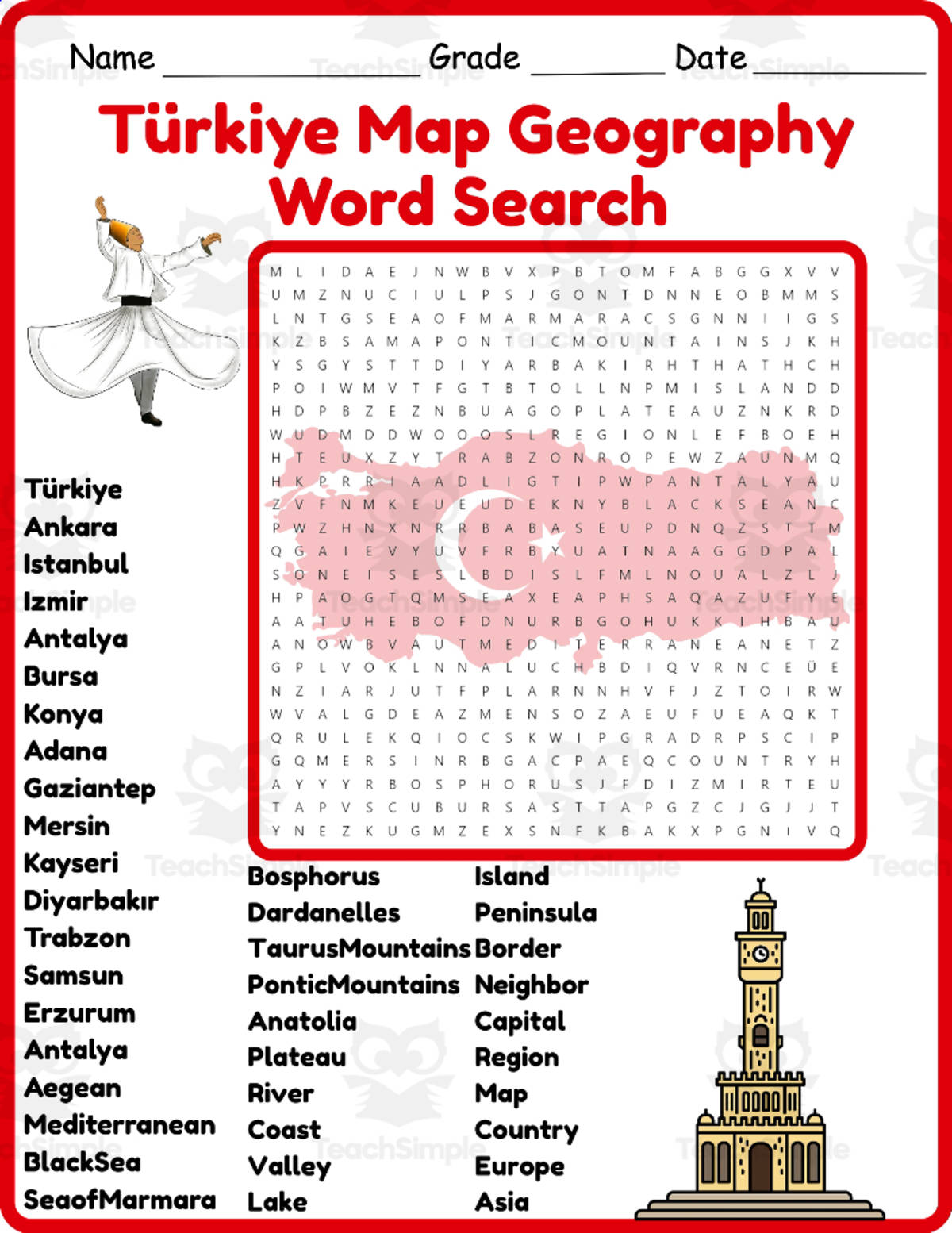 An educational teaching resource from Classsimple entitled Türkiye Map Geography Word Search 2rd 3th 4th 5th Grade worksheet downloadable at Teach Simple.