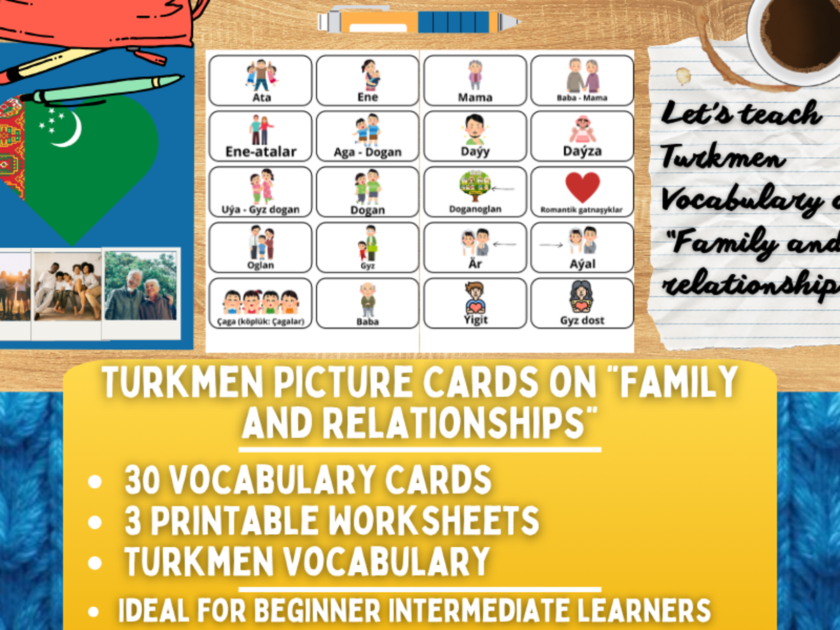 An educational teaching resource from Learning with Alan entitled Turkmen Picture Vocabulary Flashcards - Family & Relationships downloadable at Teach Simple.