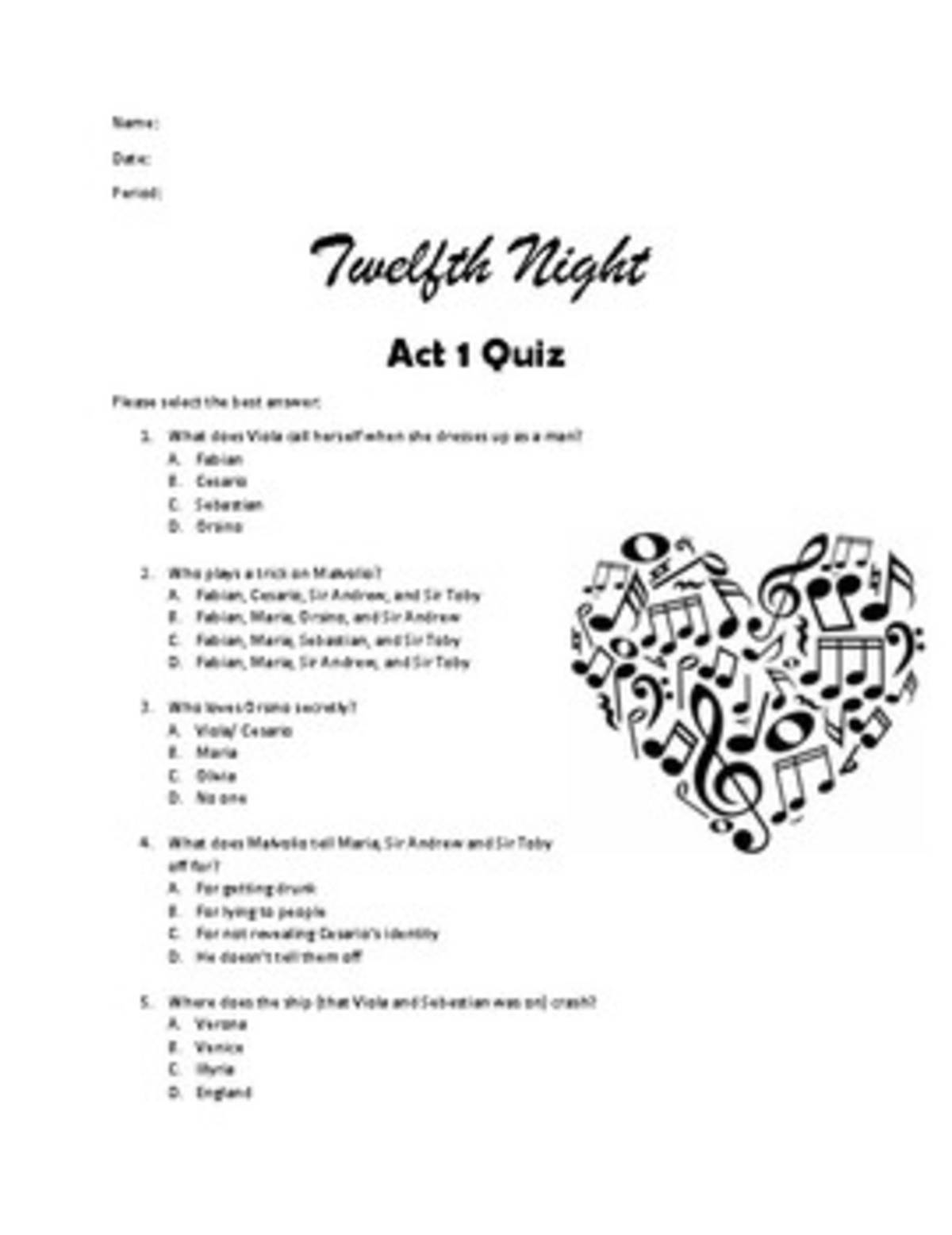 An educational teaching resource from Educate and Create entitled Twelfth Night Act 1 Quiz downloadable at Teach Simple.