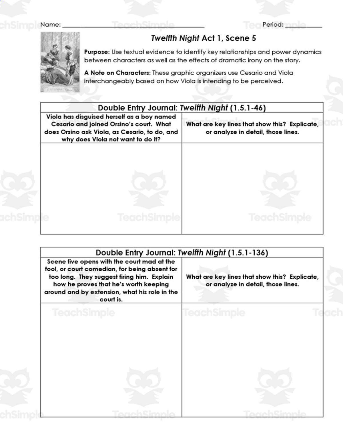 An educational teaching resource from ELA Resources entitled Twelfth Night Act 1, Scene 5 | Double Entry Journals downloadable at Teach Simple.