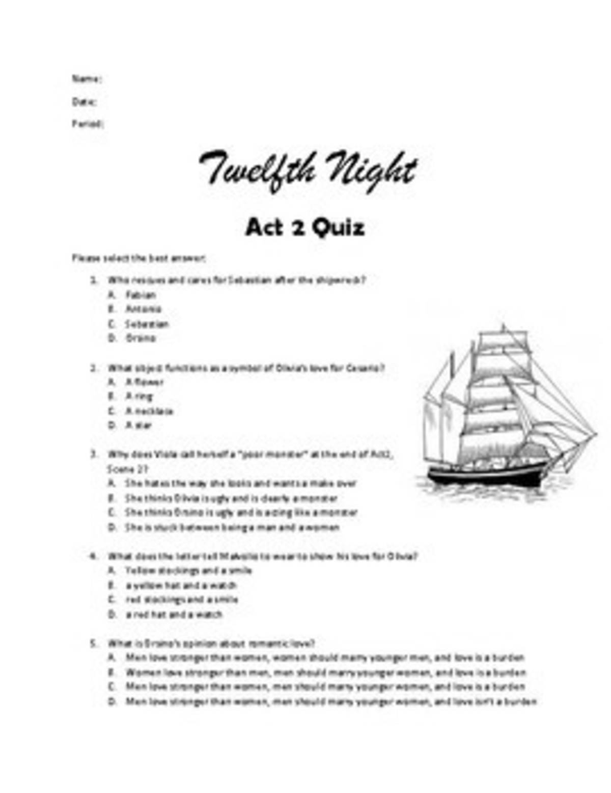 An educational teaching resource from Educate and Create entitled Twelfth Night Act 2 Quiz downloadable at Teach Simple.