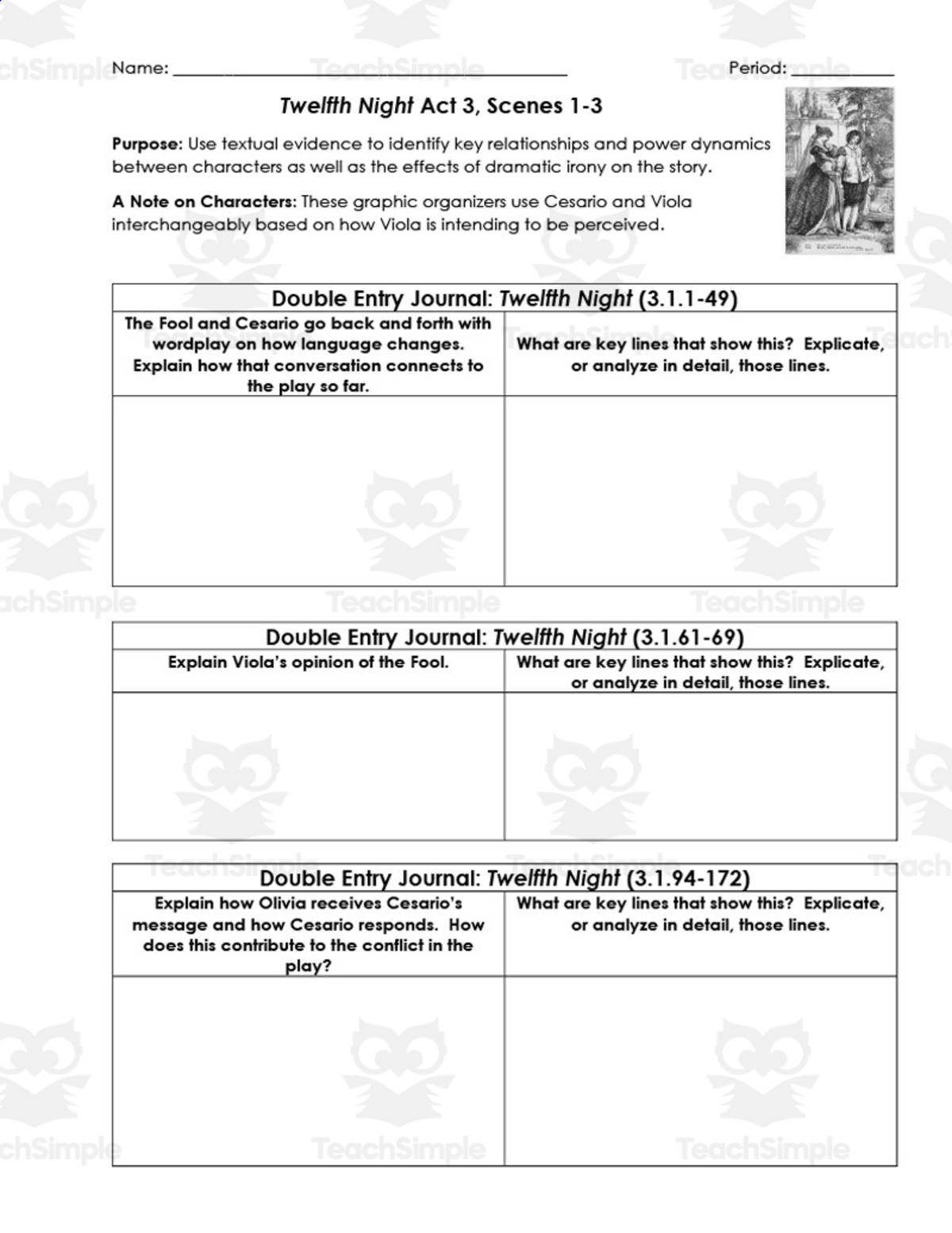 An educational teaching resource from ELA Resources entitled Twelfth Night Act 3, Scenes 1-3 | Double Entry Journals downloadable at Teach Simple.
