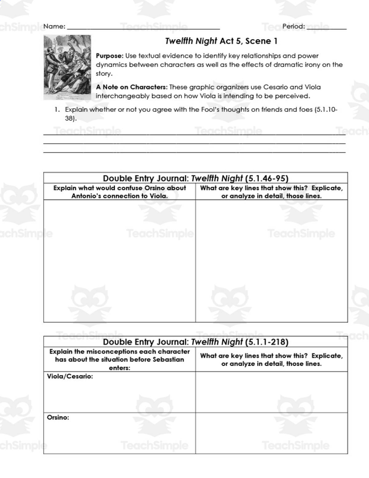 An educational teaching resource from ELA Resources entitled Twelfth Night Act 5, Scene 1 | Double Entry Journals downloadable at Teach Simple.