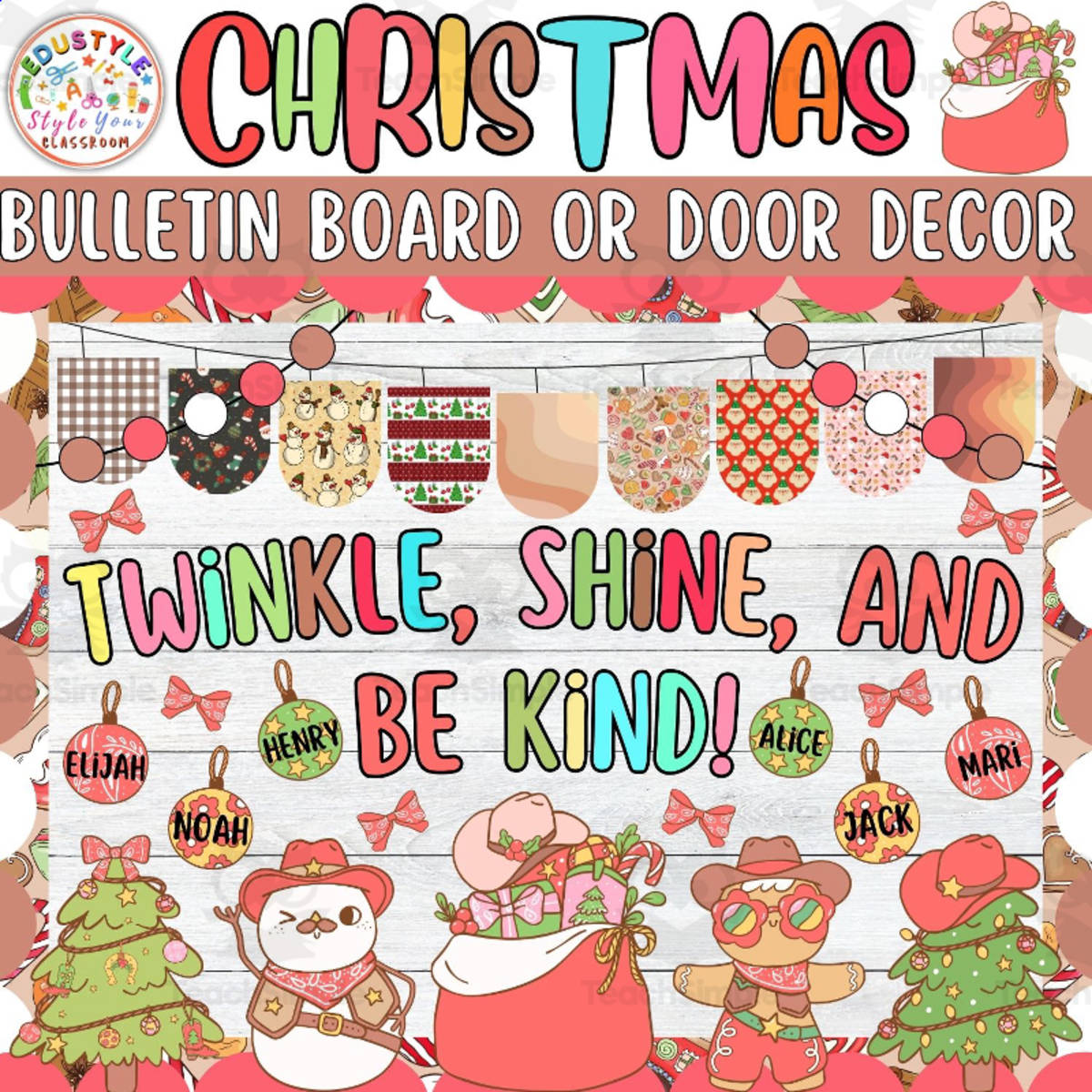 An educational teaching resource from Style Your Classroom entitled Twinkle, Shine: Cowboy Christmas Bulletin Board or Door Decor Kit downloadable at Teach Simple.