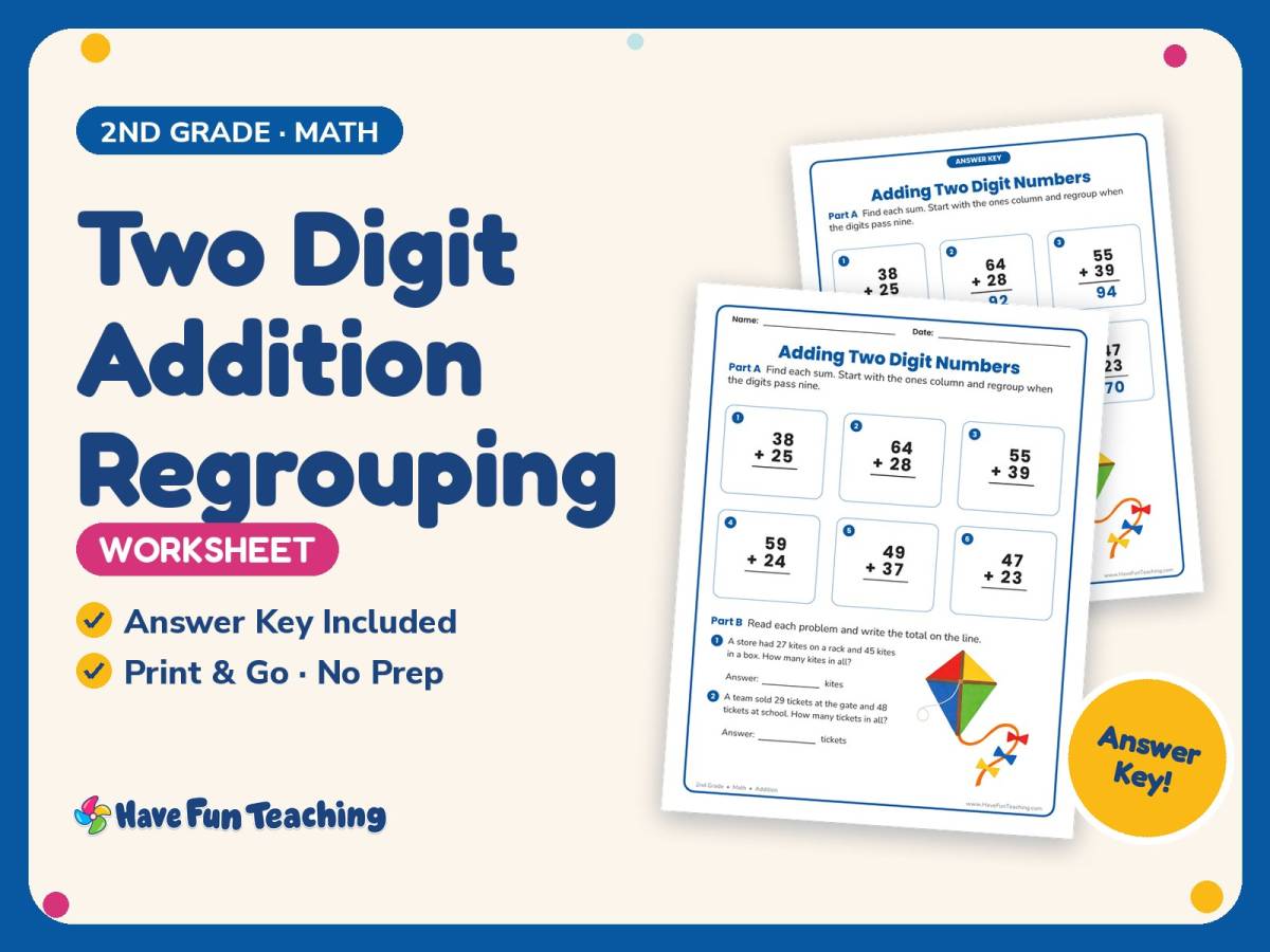 Two Digit Addition Regrouping Worksheet – 2nd Grade Math Practice preview