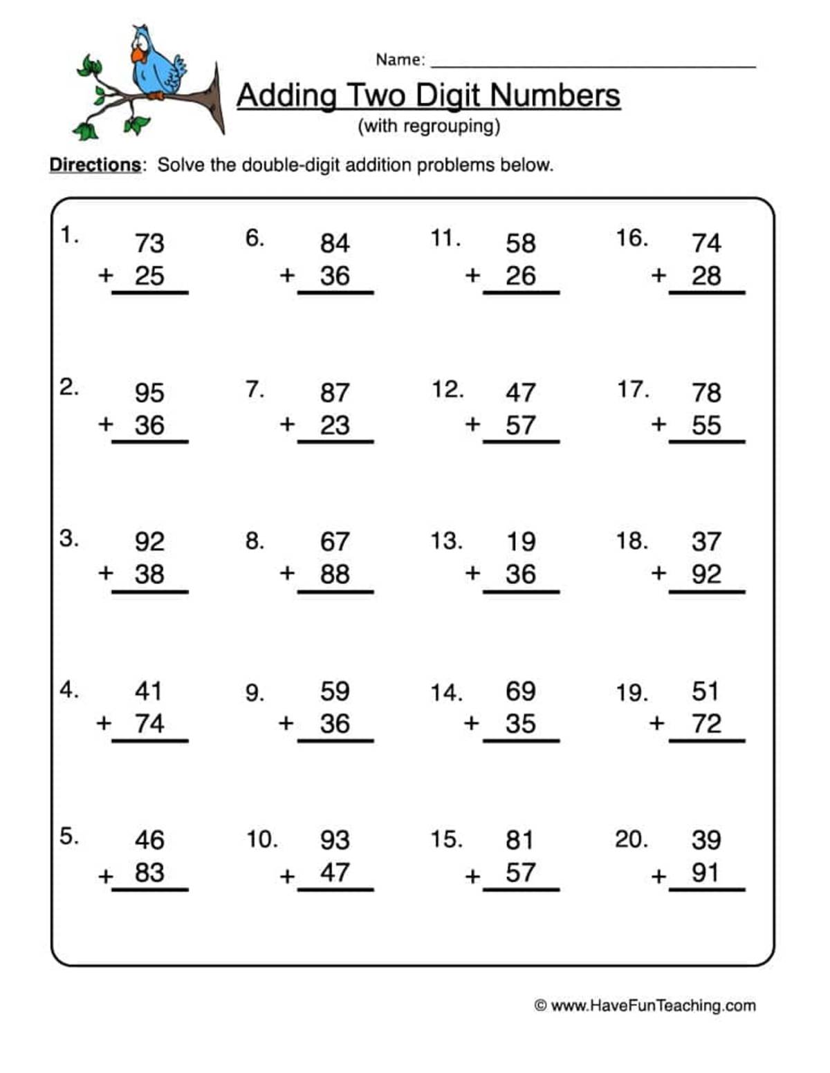 An educational teaching resource from Have Fun Teaching entitled Two Digit Addition Regrouping Worksheet downloadable at Teach Simple.