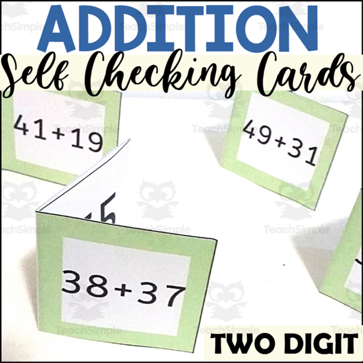 An educational teaching resource from The Connett Connection entitled Two Digit Addition with Regrouping Self Checking Cards downloadable at Teach Simple.