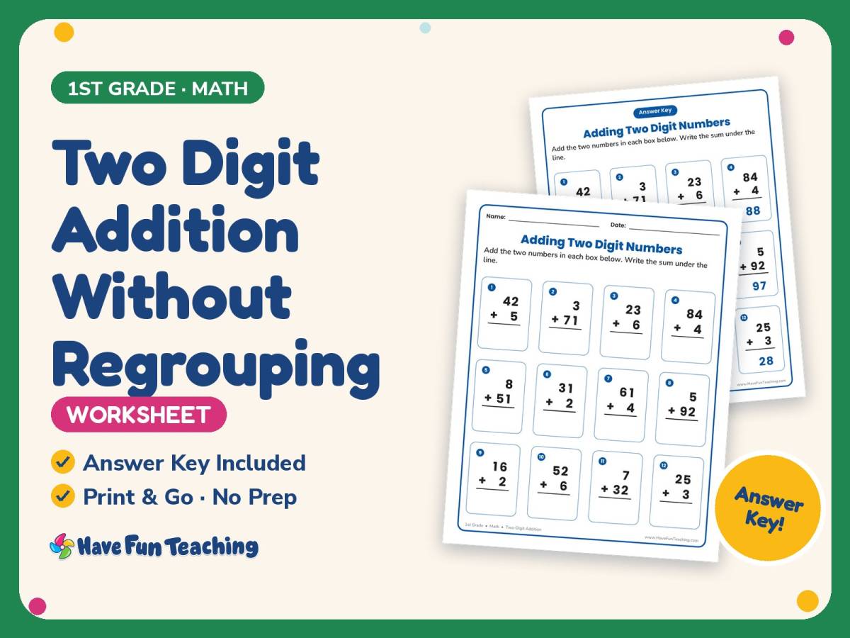 Two Digit Addition Without Regrouping Worksheet – 1st Grade Math preview