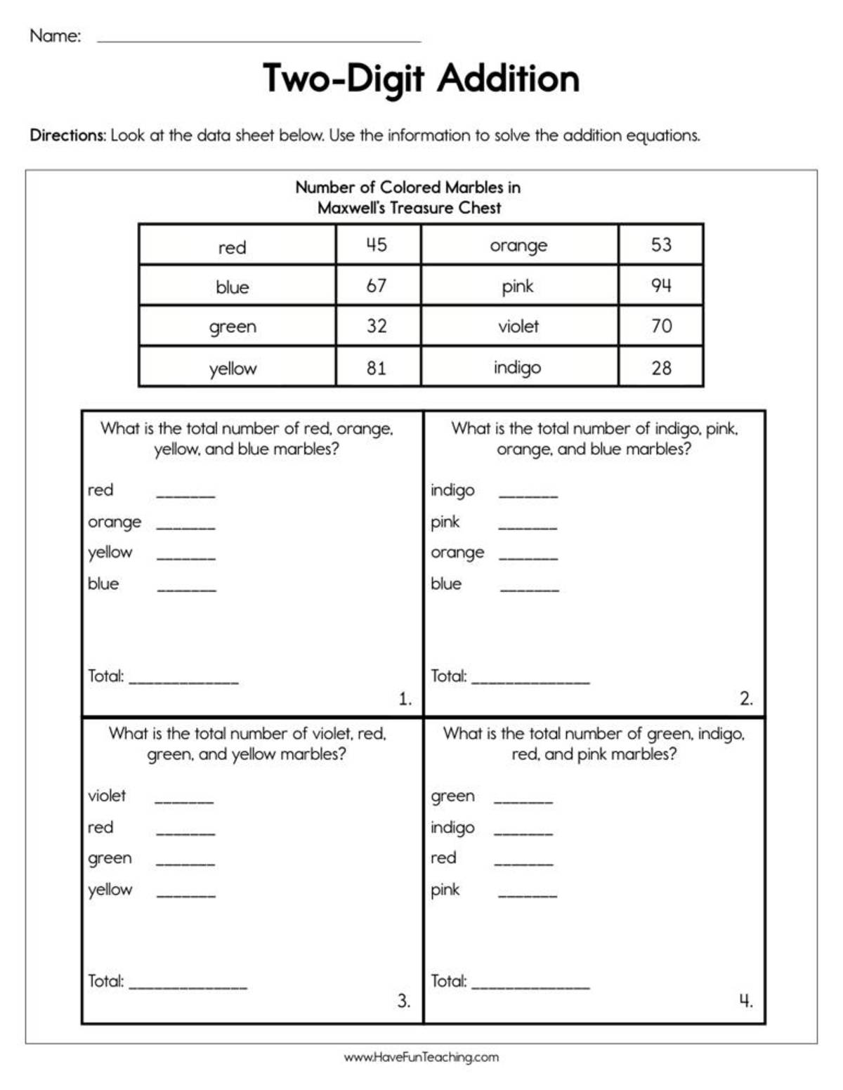 An educational teaching resource from Have Fun Teaching entitled Two Digit Addition Worksheet downloadable at Teach Simple.
