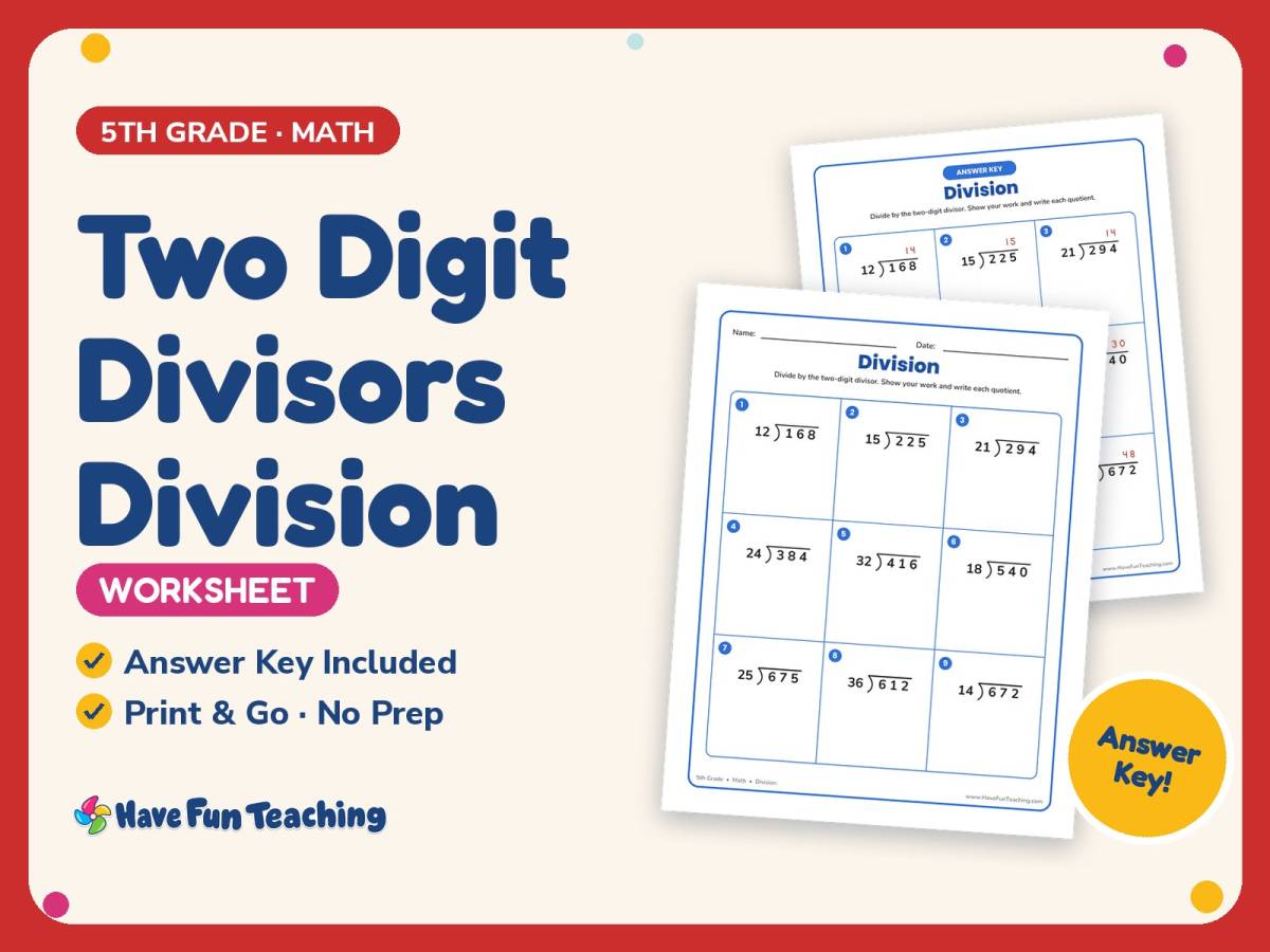 Two Digit Divisors Division Worksheet – 5th Grade Math Practice preview