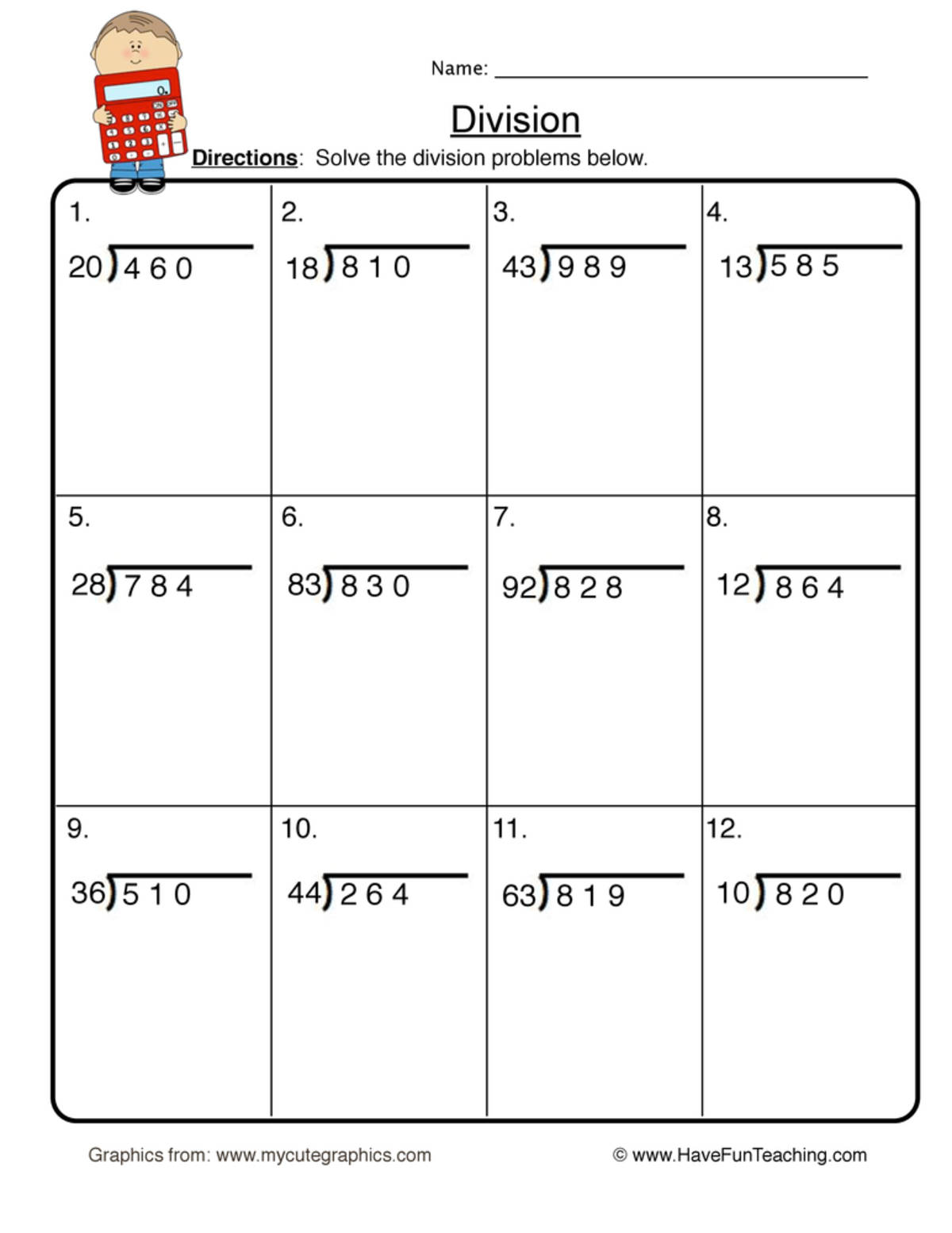 An educational teaching resource from Have Fun Teaching entitled Two-Digit Divisors – Long Division Worksheet downloadable at Teach Simple.