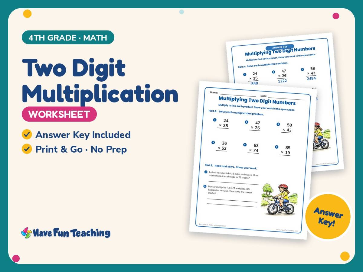 Two Digit Multiplication Worksheet – 4th Grade Math Practice preview