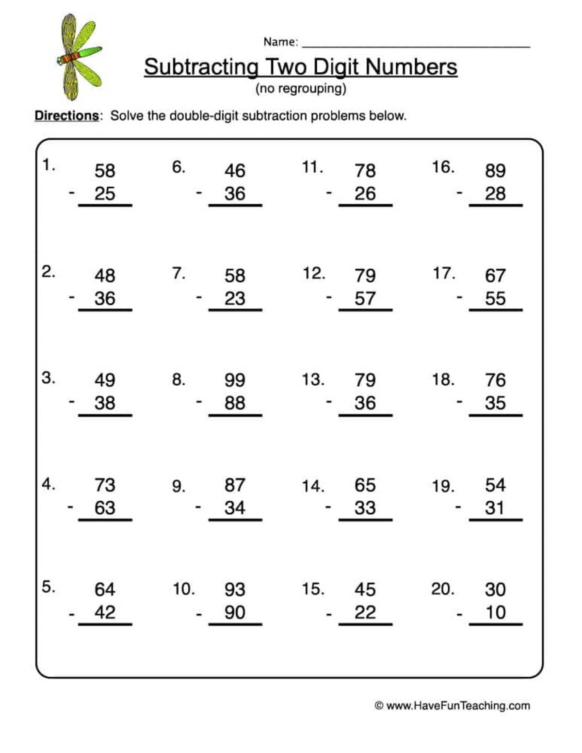 An educational teaching resource from Have Fun Teaching entitled Two Digit Subtraction No Regrouping Worksheet downloadable at Teach Simple.