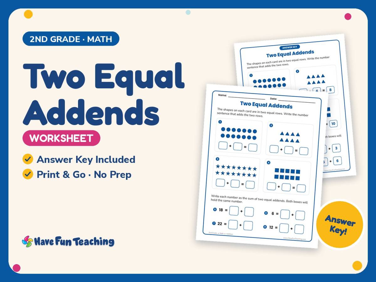 Two Equal Addends Worksheet – 2nd Grade Addition Practice + Answer Key preview