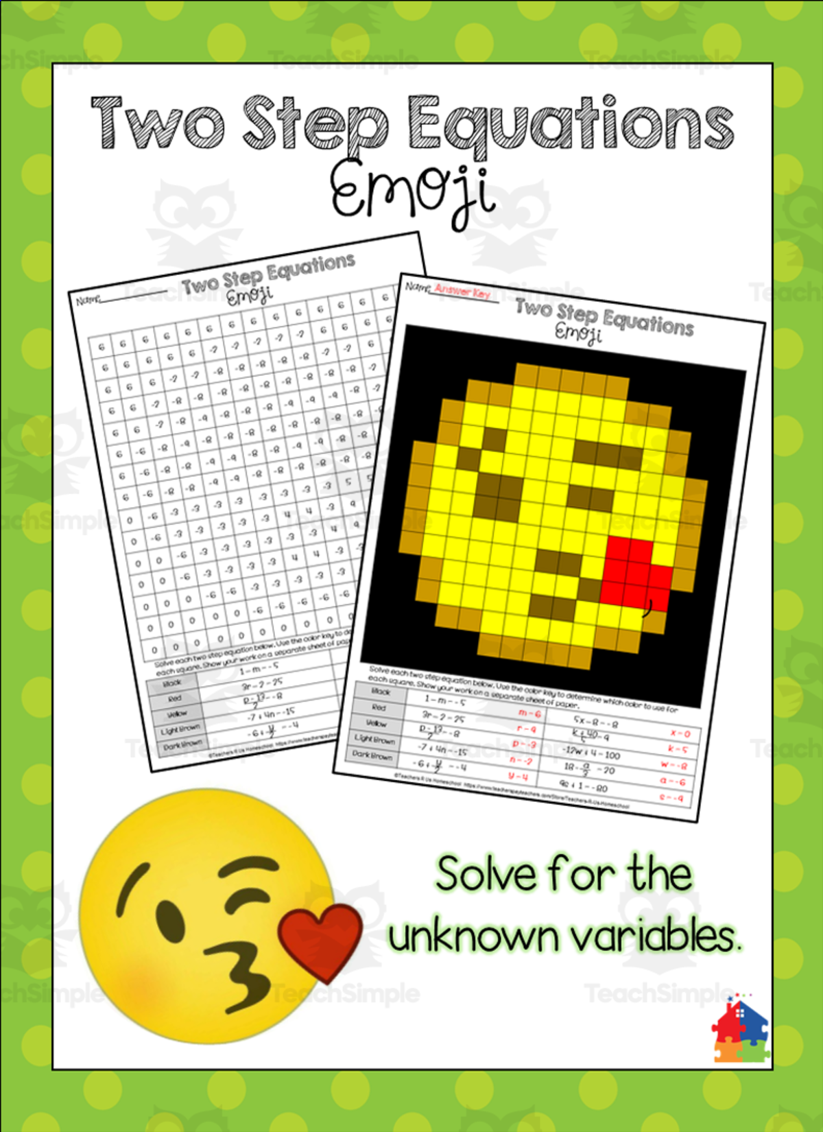 An educational teaching resource from Teachers R Us Homeschool entitled Two Step Equations Emoji Math Activity downloadable at Teach Simple.