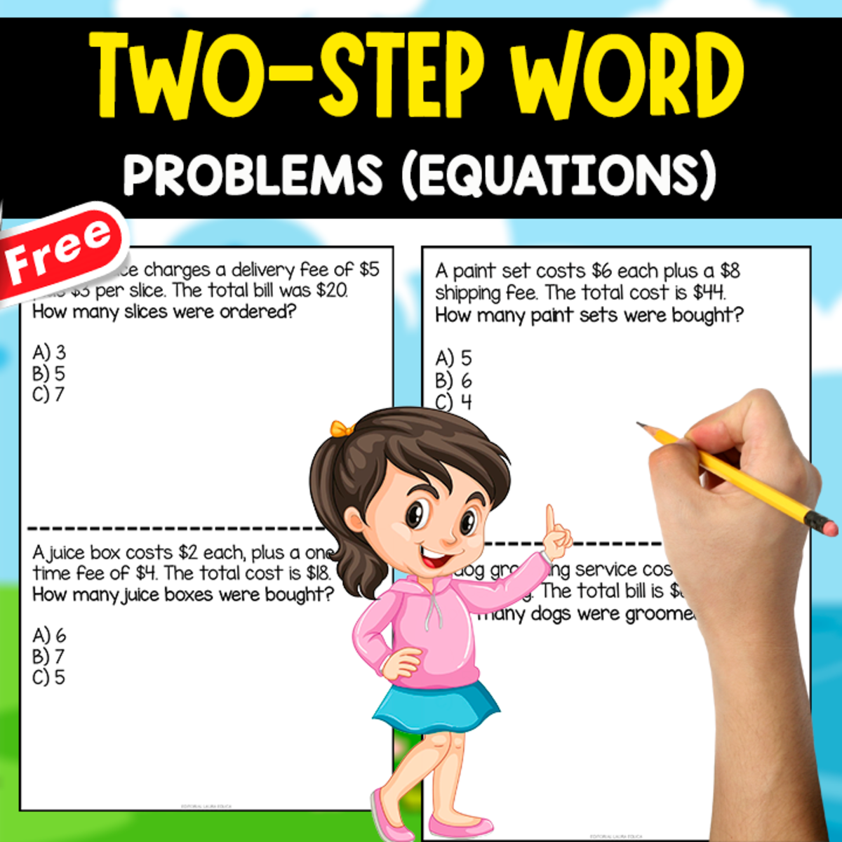 An educational teaching resource from EDITORIAL LAURA EDUCA entitled TWO STEP EQUATIONS WORD PROBLEMS | MATH RESOURCE downloadable at Teach Simple.