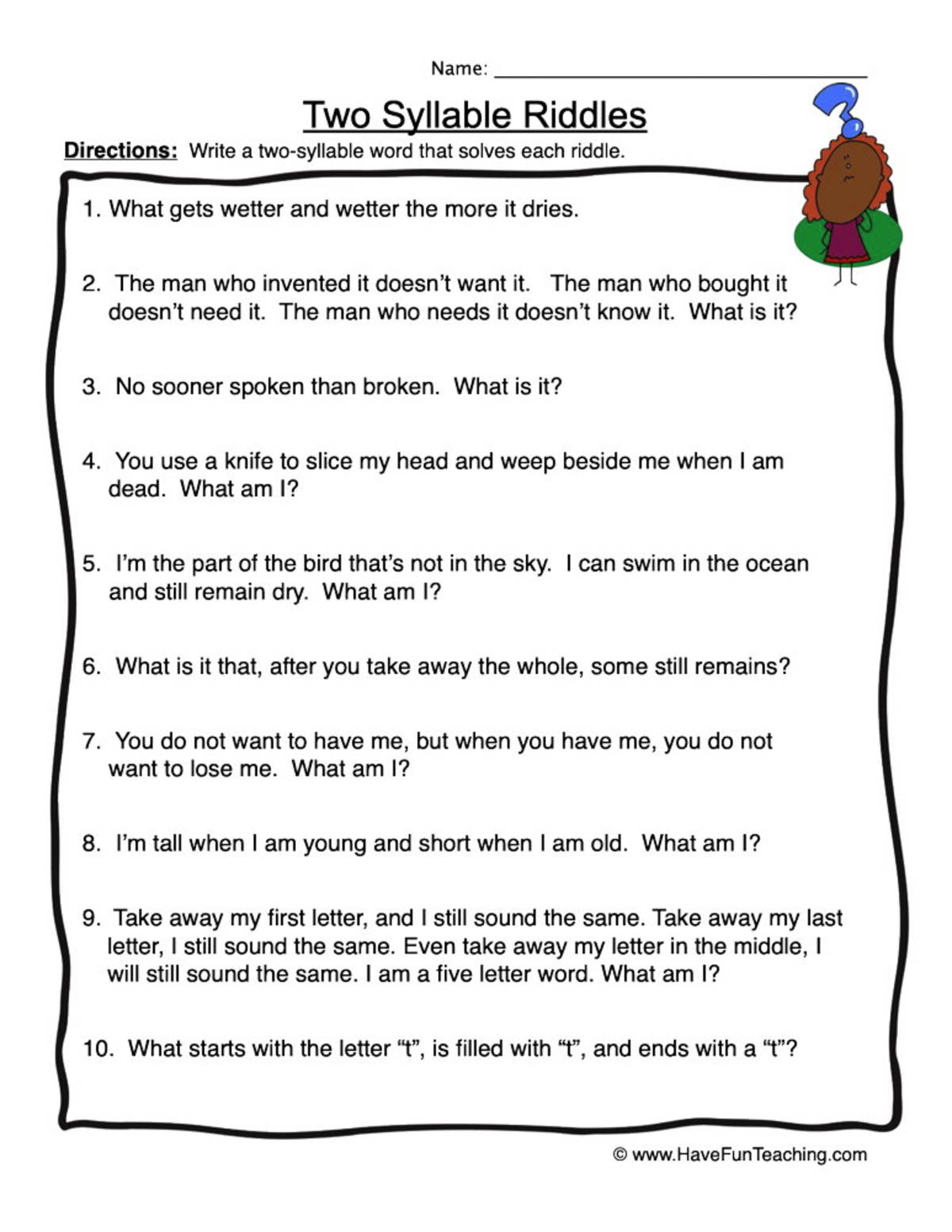 An educational teaching resource from Have Fun Teaching entitled Two Syllable Riddles Worksheet downloadable at Teach Simple.
