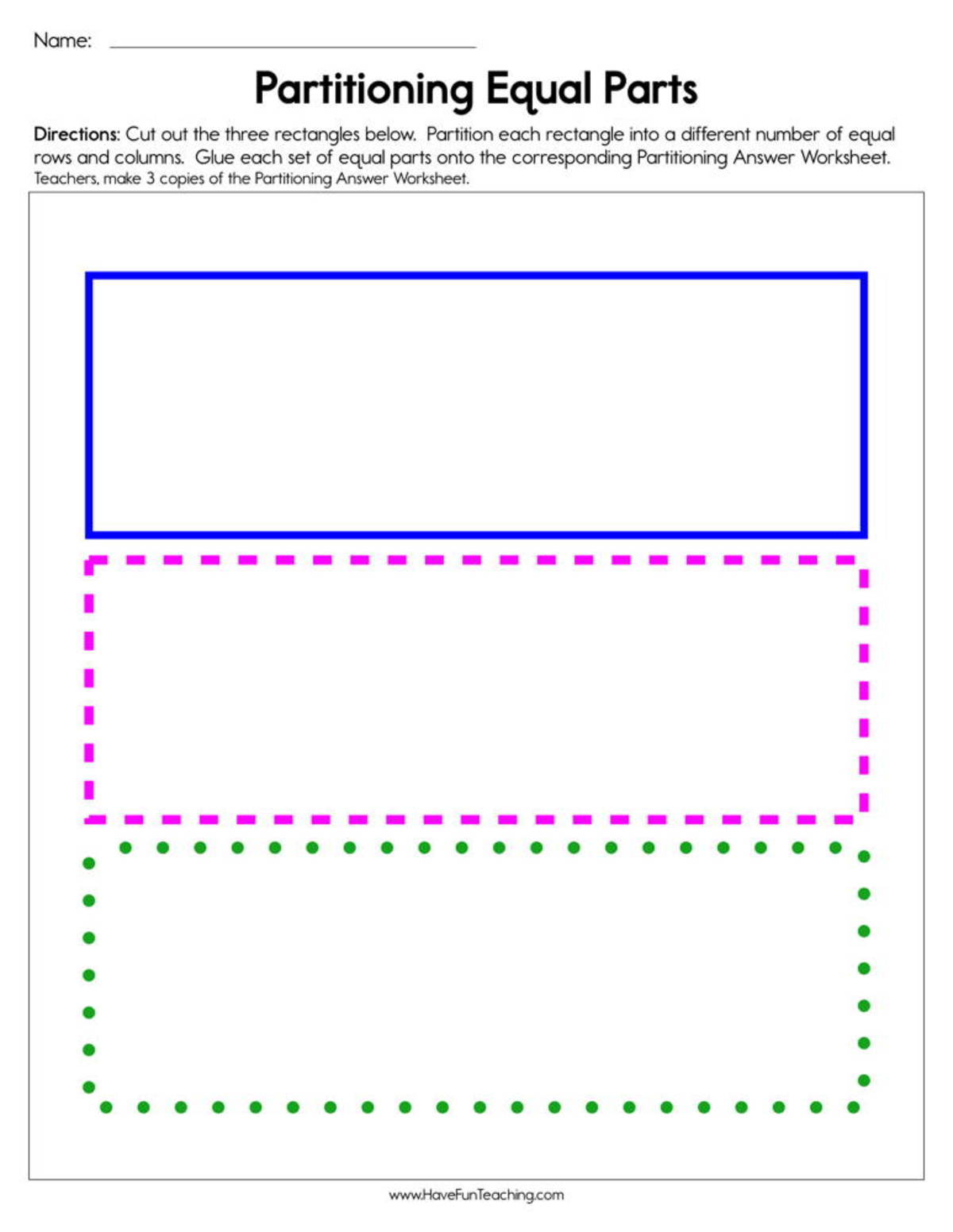 An educational teaching resource from Have Fun Teaching entitled Two Three or Four Equal Shares Worksheet downloadable at Teach Simple.