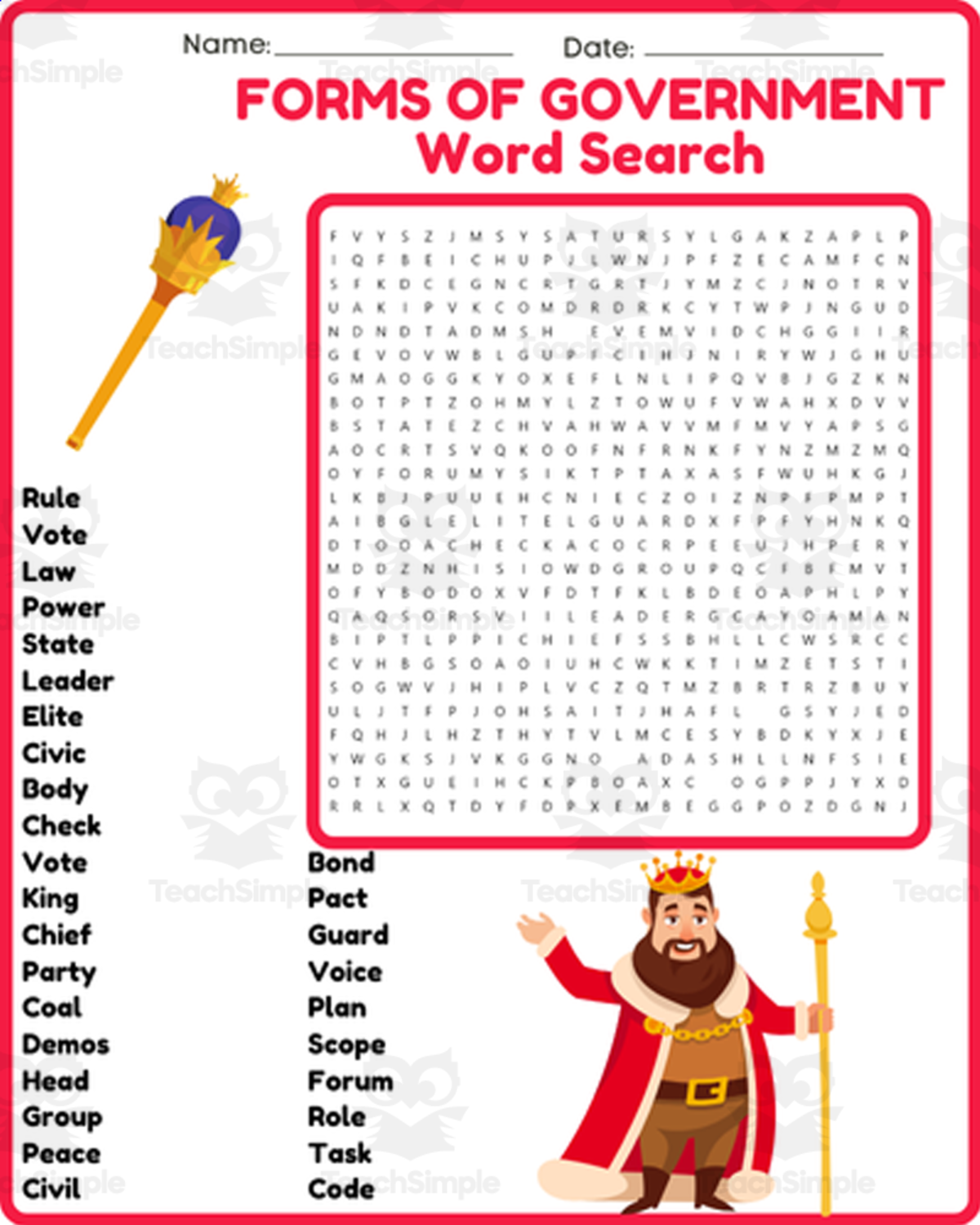 An educational teaching resource from space shope entitled TYPES  FORMS OF GOVERNMENT Word Search Puzzle Worksheet Activity downloadable at Teach Simple.