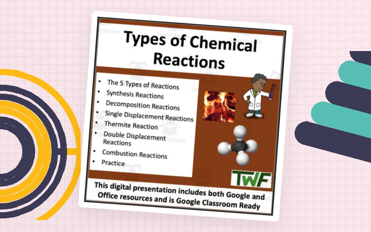 An educational teaching resource from Teach With Fergy entitled Types of Chemical Reactions – 2-Day Slides Lesson downloadable at Teach Simple.