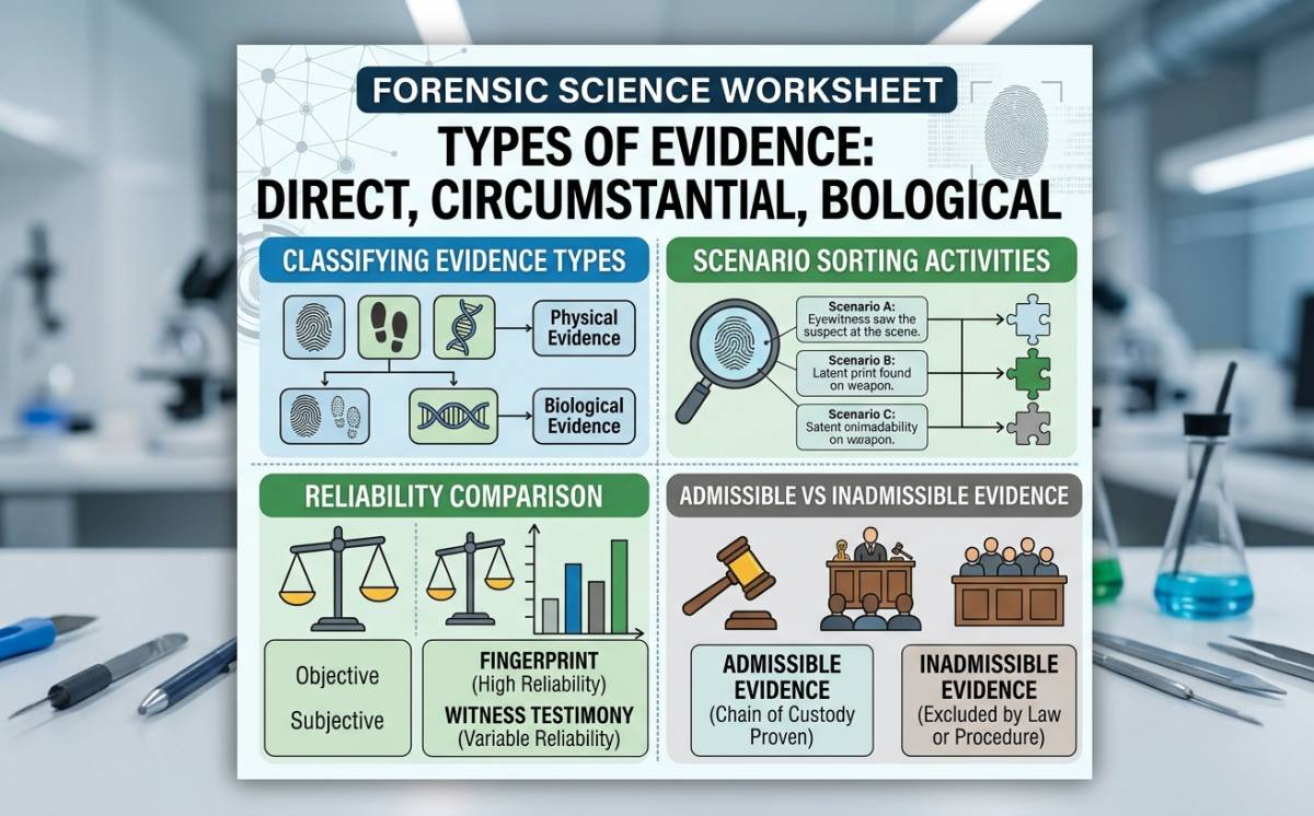 An educational teaching resource from Creative Book Store entitled Types of Evidence: Direct, Circumstantial, Physical, Biological downloadable at Teach Simple.