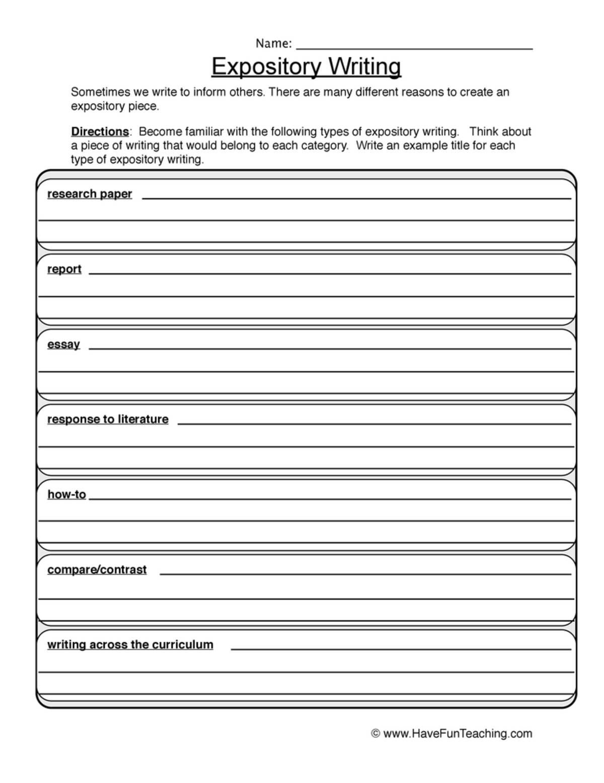 An educational teaching resource from Have Fun Teaching entitled Types of Expository Writing Worksheet downloadable at Teach Simple.