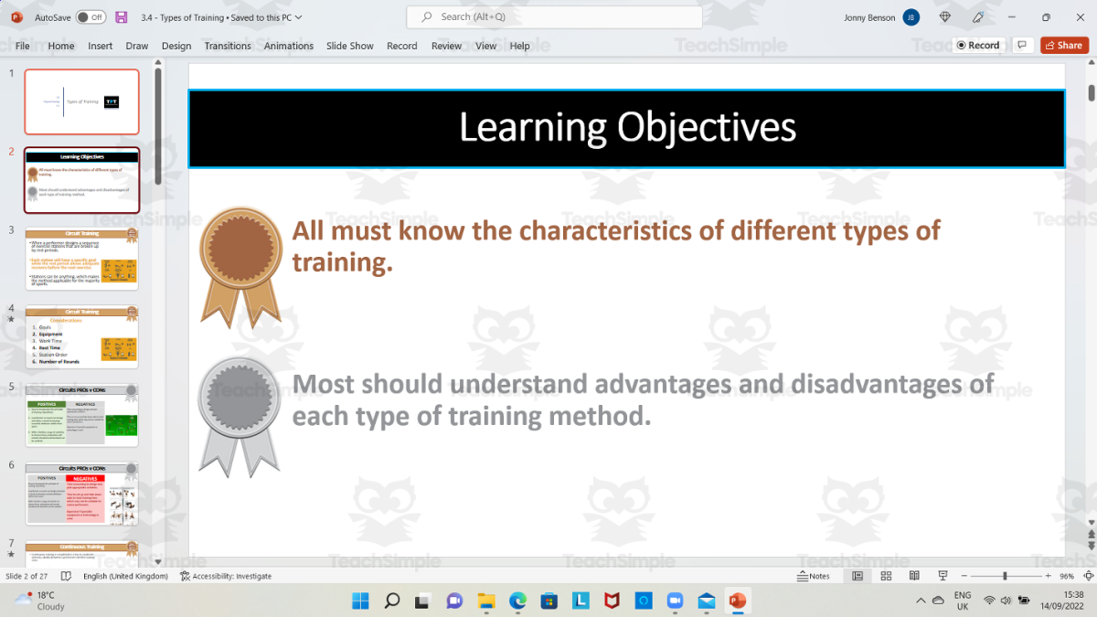 An educational teaching resource from The PE Tutor entitled Types of Fitness Training downloadable at Teach Simple.